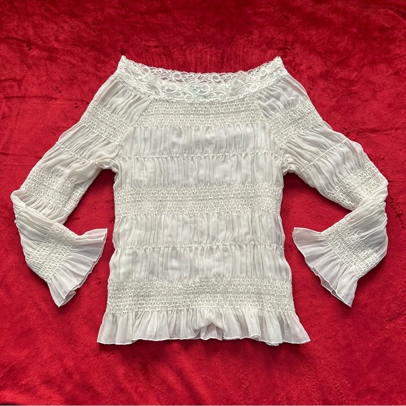 90s White Mesh Lace Princess Elegant White Lace Off-Shoulder Top - Picture 1 of 6